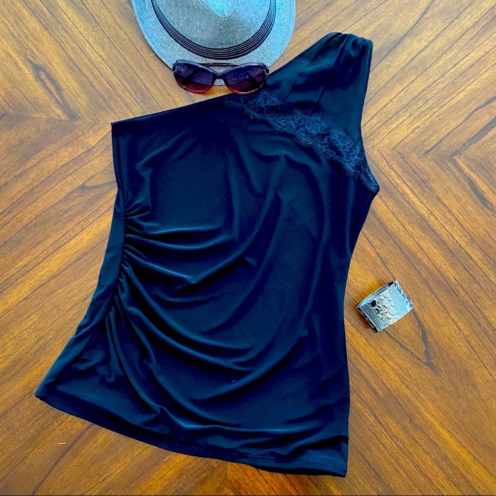 One shoulder black top